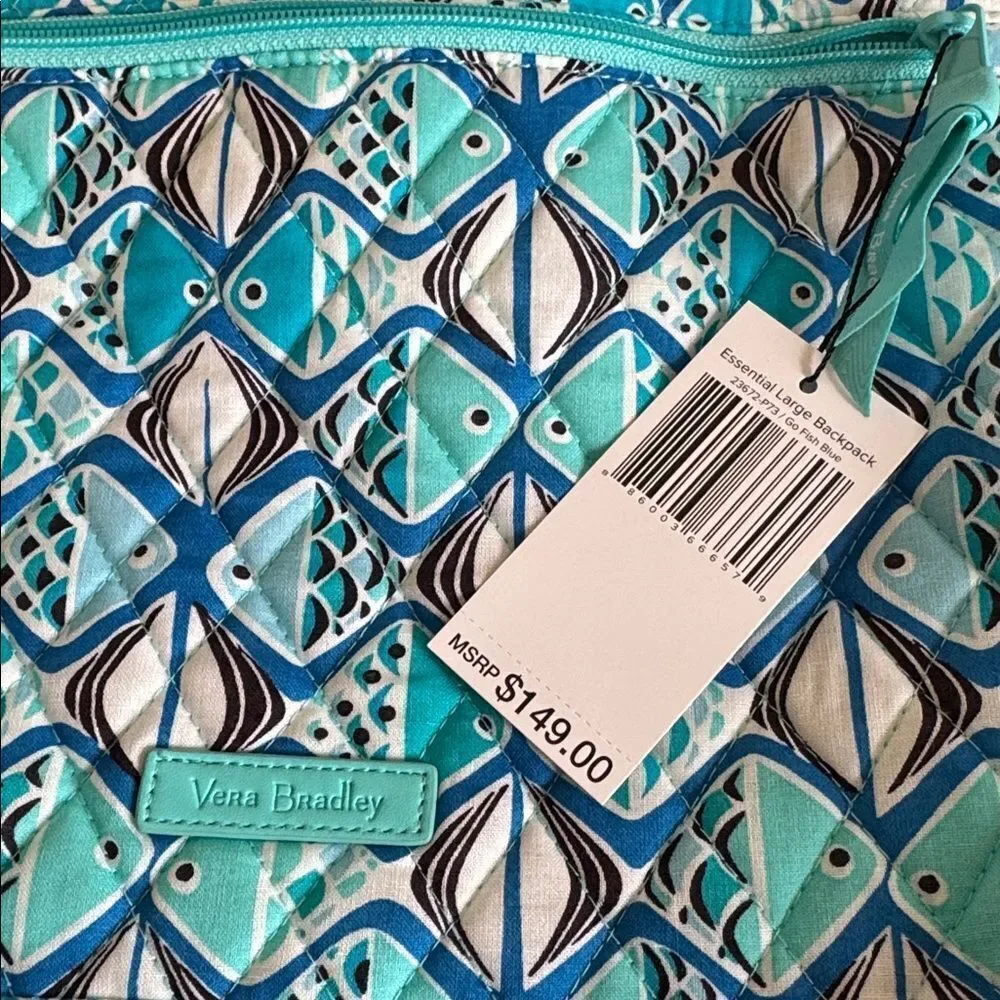 Vera Bradley Go Fish Blue Patterned Quilted Large Essential Travel Backpack NWT